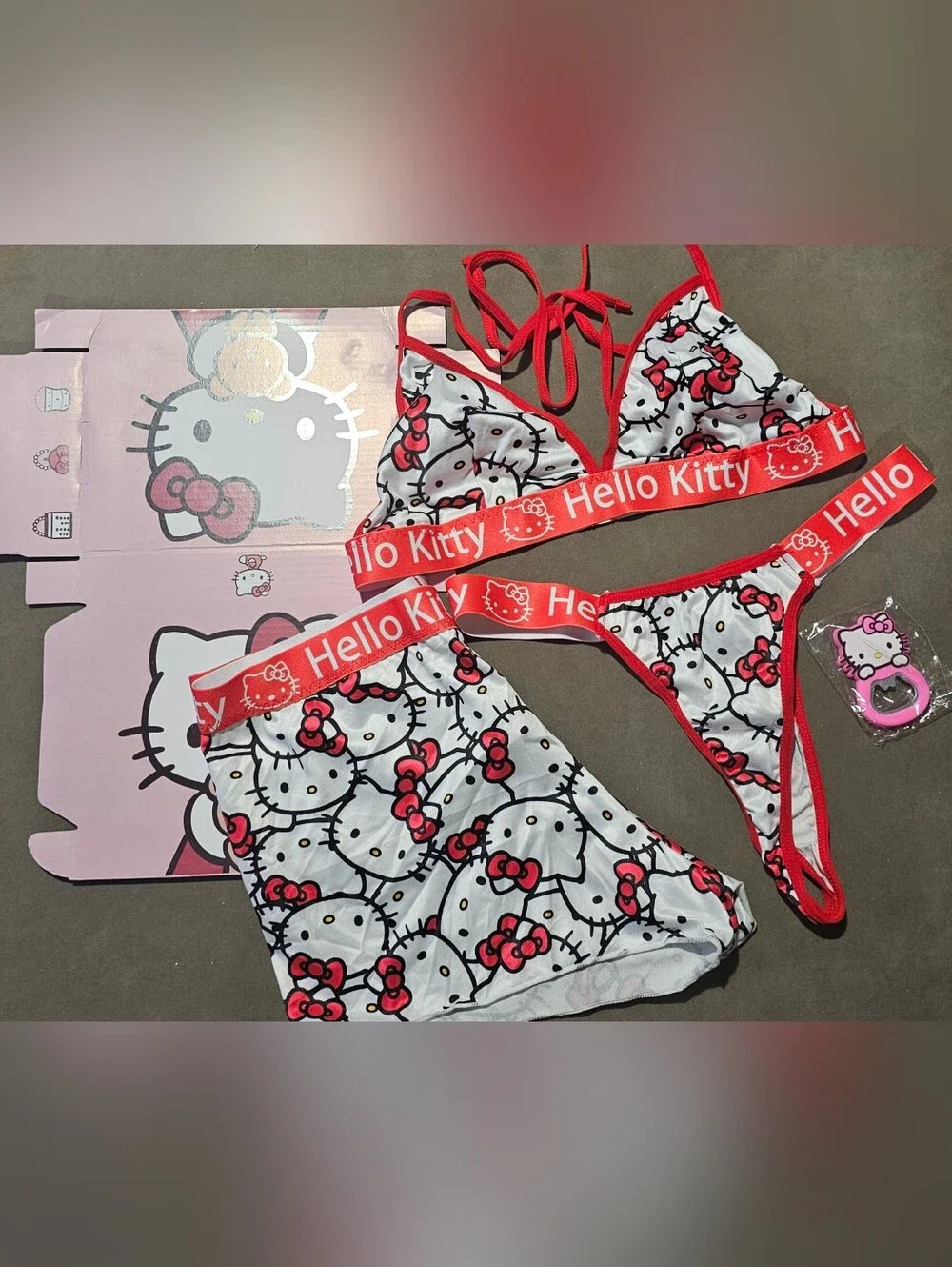 HK Red & White Printed Bralette and Thong Set With Bottle Openers - Small